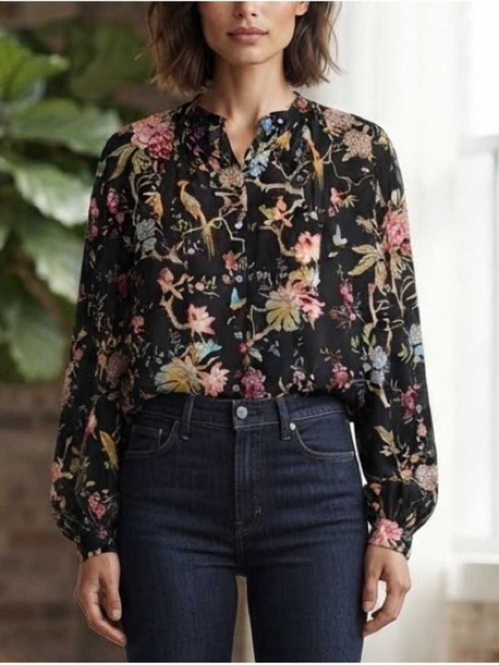 GP & J Baker x H&M Black Floral Bird Print Blouse Balloon Long Sleeve Button Up